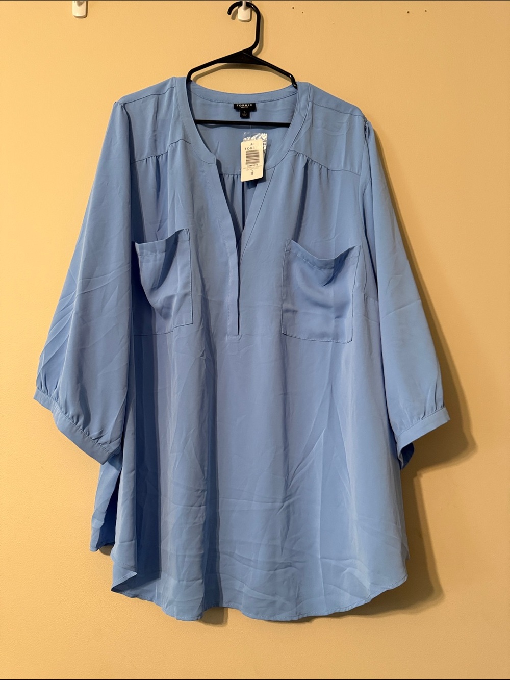 Light Blue V-Neck Blouse with Patch Pockets